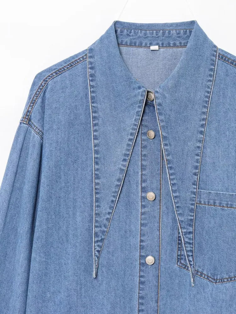 MEENNA Trendy Denim Shirt – Long-Sleeve Button-Up Jean Blouse with Unique Collar Detail, Stylish Design ZM874
