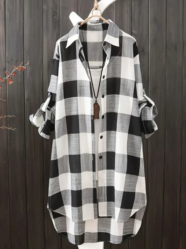 Plus-Size Women’s Blouse 2025 – Loose Vintage Stripe Plaid Lightweight Long-Sleeve Travel Shirt, Elegant Korean-Style Top