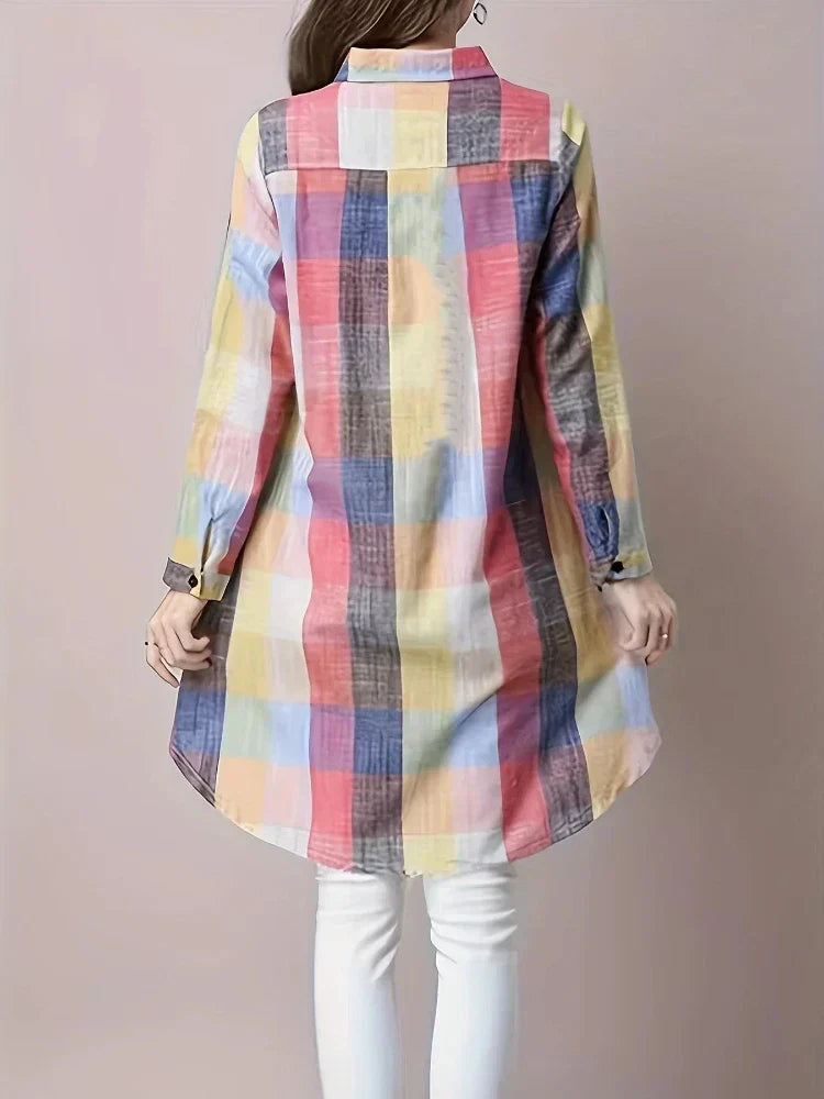 Plus-Size Women’s Blouse 2025 – Loose Vintage Stripe Plaid Lightweight Long-Sleeve Travel Shirt, Elegant Korean-Style Top